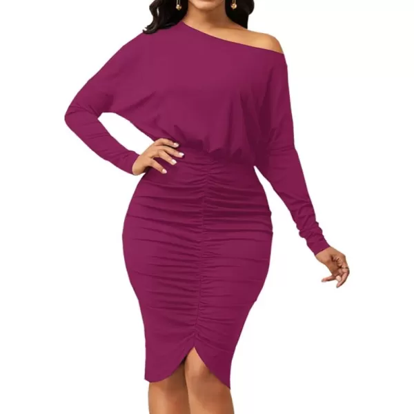 LYANER Women's Sexy Off Shoulder Ruched Elastic Waist Split Long Sleeve Bodycon Party Midi Dress