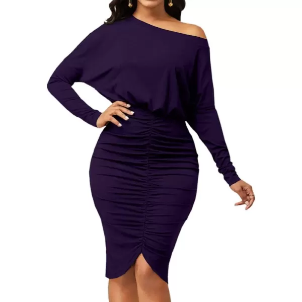 LYANER Women's Sexy Off Shoulder Ruched Elastic Waist Split Long Sleeve Bodycon Party Midi Dress