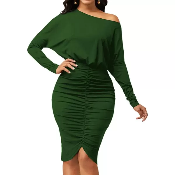 LYANER Women's Sexy Off Shoulder Ruched Elastic Waist Split Long Sleeve Bodycon Party Midi Dress
