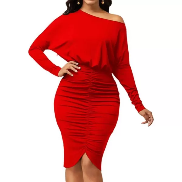 LYANER Women's Sexy Off Shoulder Ruched Elastic Waist Split Long Sleeve Bodycon Party Midi Dress