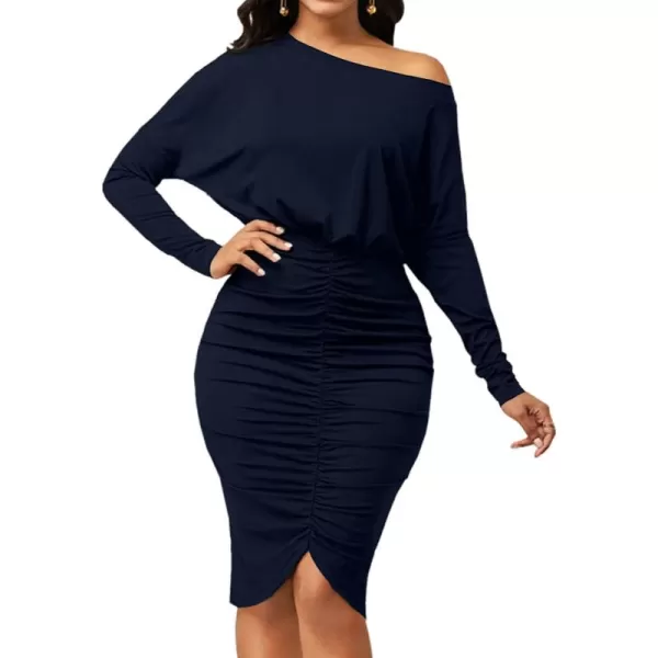 LYANER Women's Sexy Off Shoulder Ruched Elastic Waist Split Long Sleeve Bodycon Party Midi Dress