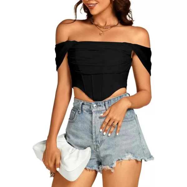 LYANER Women's Sexy Off Shoulder Ruched Mesh Sleeve Corset Crop Top Shirt Blouse
