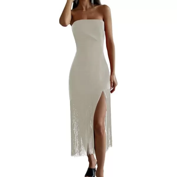 LYANER Women's Sexy Off Shoulder Strapless Tube Top Fringed Hem Bodycon Cocktail Party Midi Dress