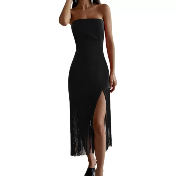 LYANER Women's Sexy Off Shoulder Strapless Tube Top Fringed Hem Bodycon Cocktail Party Midi Dress
