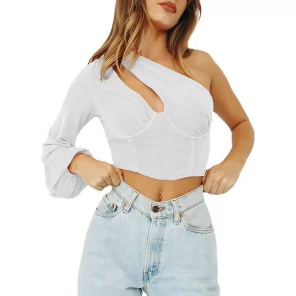 LYANER Women's Sexy One Shoulder Cut Out Bishop Long Sleeve Crop Tee Blouse Top