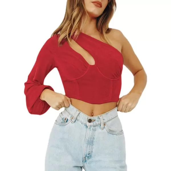 LYANER Women's Sexy One Shoulder Cut Out Bishop Long Sleeve Crop Tee Blouse Top