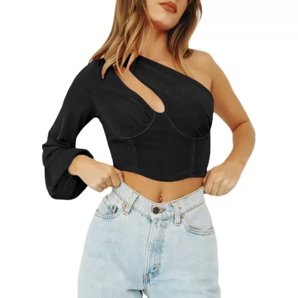 LYANER Women's Sexy One Shoulder Cut Out Bishop Long Sleeve Crop Tee Blouse Top