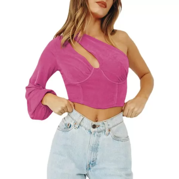 LYANER Women's Sexy One Shoulder Cut Out Bishop Long Sleeve Crop Tee Blouse Top