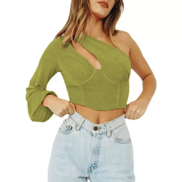 LYANER Women's Sexy One Shoulder Cut Out Bishop Long Sleeve Crop Tee Blouse Top
