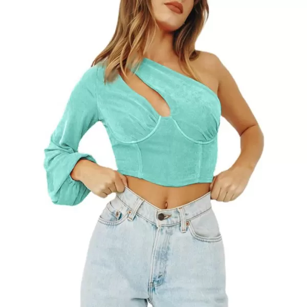 LYANER Women's Sexy One Shoulder Cut Out Bishop Long Sleeve Crop Tee Blouse Top