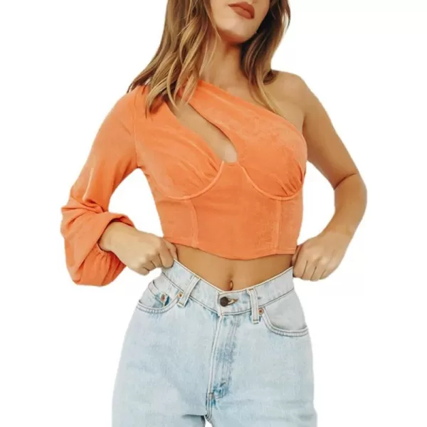 LYANER Women's Sexy One Shoulder Cut Out Bishop Long Sleeve Crop Tee Blouse Top