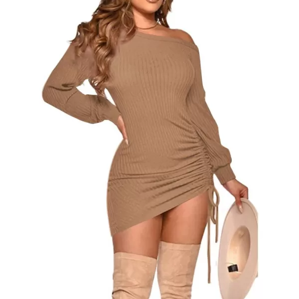 LYANER Women's Sexy One Shoulder Long Sleeve Side Drawstring Bodycon Party Club Mini Dress