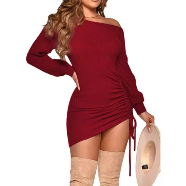 LYANER Women's Sexy One Shoulder Long Sleeve Side Drawstring Bodycon Party Club Mini Dress