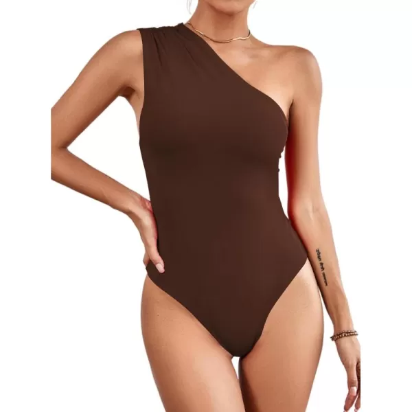 LYANER Women's Sexy One Shoulder Ruched Sleeveless Slim Fit Bodysuit Leotard Top