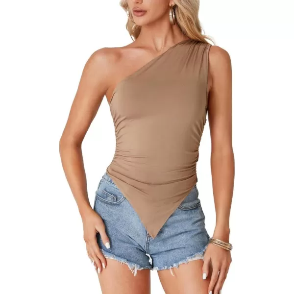 LYANER Women's Sexy One Shoulder Sleeveless Asymmetrical Hem Ruched Strappy Cami Tank Crop Top