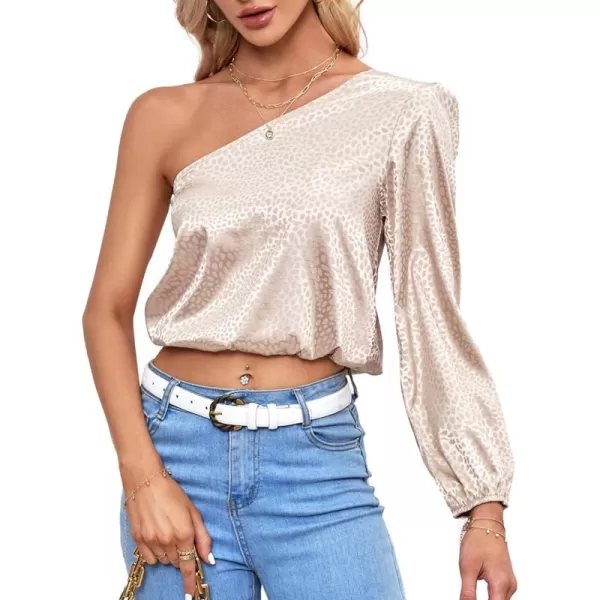 LYANER Women's Sexy Satin One Shoulder Puff Long Sleeve Crop Blouse Shirt Top