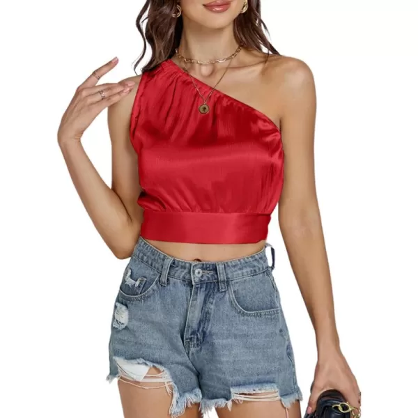 LYANER Women's Sexy Satin One Shoulder Tie Back Knot Sleeveless Crop Top Cami Tank