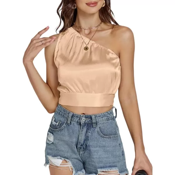 LYANER Women's Sexy Satin One Shoulder Tie Back Knot Sleeveless Crop Top Cami Tank