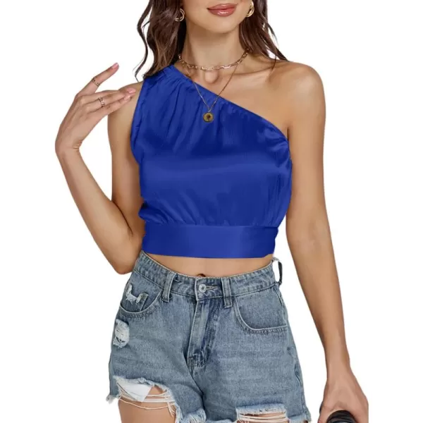 LYANER Women's Sexy Satin One Shoulder Tie Back Knot Sleeveless Crop Top Cami Tank