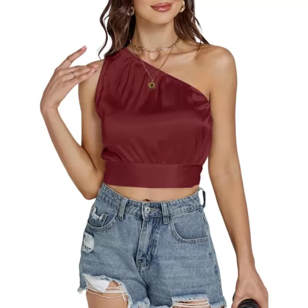 LYANER Women's Sexy Satin One Shoulder Tie Back Knot Sleeveless Crop Top Cami Tank