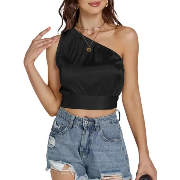 LYANER Women's Sexy Satin One Shoulder Tie Back Knot Sleeveless Crop Top Cami Tank