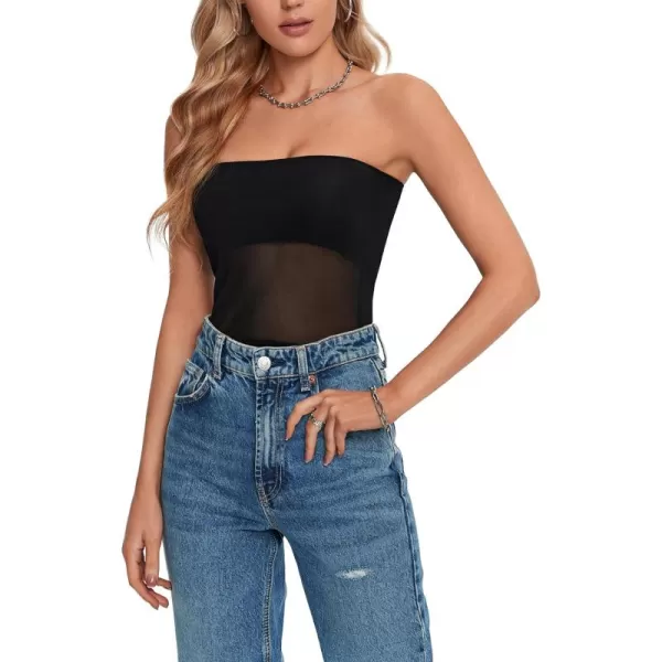 LYANER Women's Sexy Sheer Mesh See Through Crop Tube Top Slim Fit Strapless Bandeau Top Sleeveless Crop Tanks