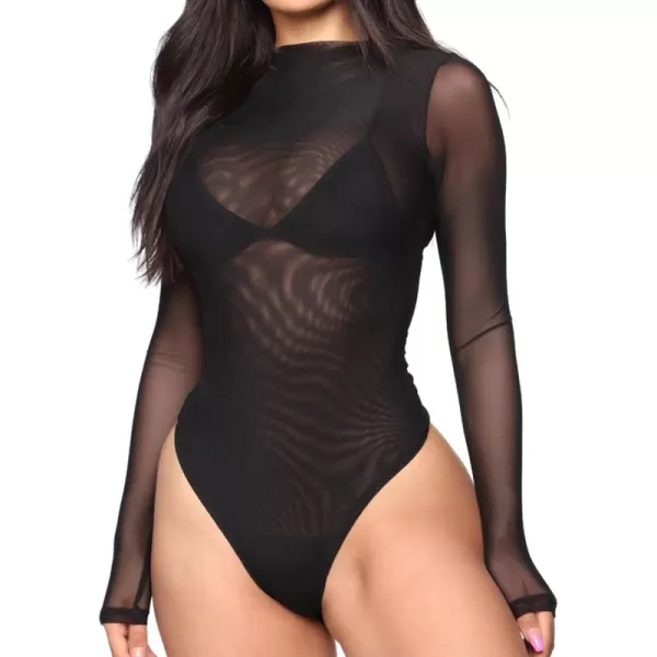 LYANER Women's Sexy Sheer Mock Neck Long Sleeve Leotard Bodysuit Top
