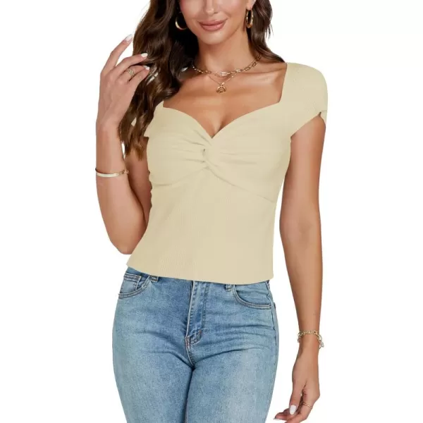 LYANER Women's Sexy Sweetheart Neck Front Twist Knot Ruched Knit Cap Sleeve Slim Fit Crop Top Tee