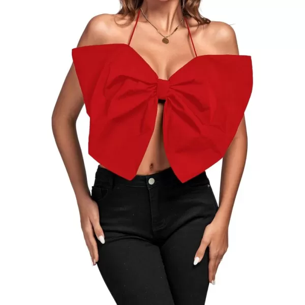 LYANER Women's Sexy Tie Neck Bow Tube Crop Top Sleeveless Strapless Party Fluffy Tank Top