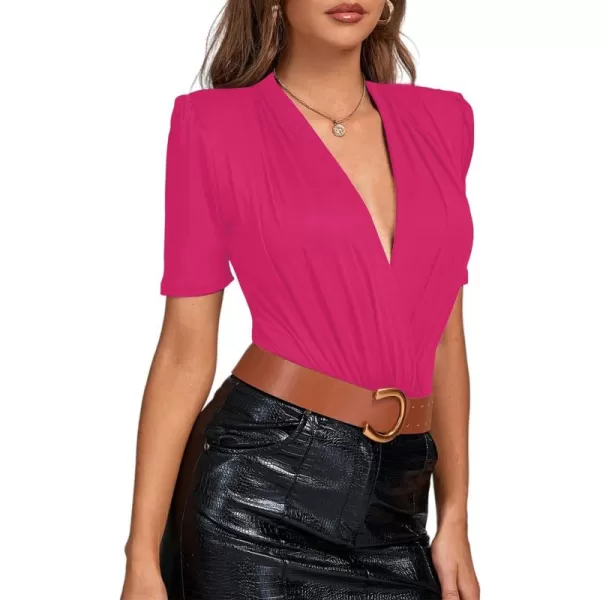 LYANER Women's Shoulder Pad V Neck Wrap Pleated Short Sleeve Leotard Bodysuit Top