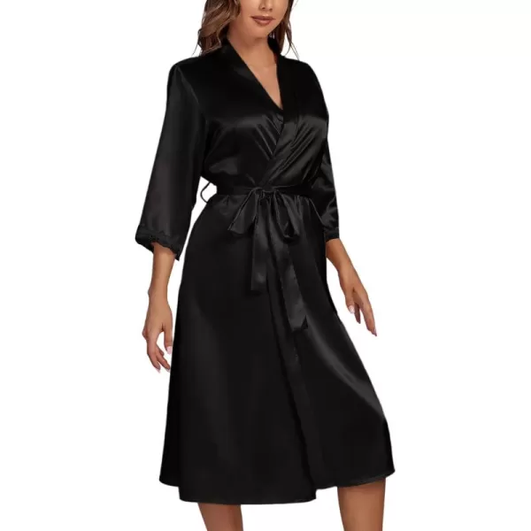 LYANER Women's Silk Satin Pajama Set 2Pcs Lace Trim Pj Robe with Chemise Nightgown Sleepwear
