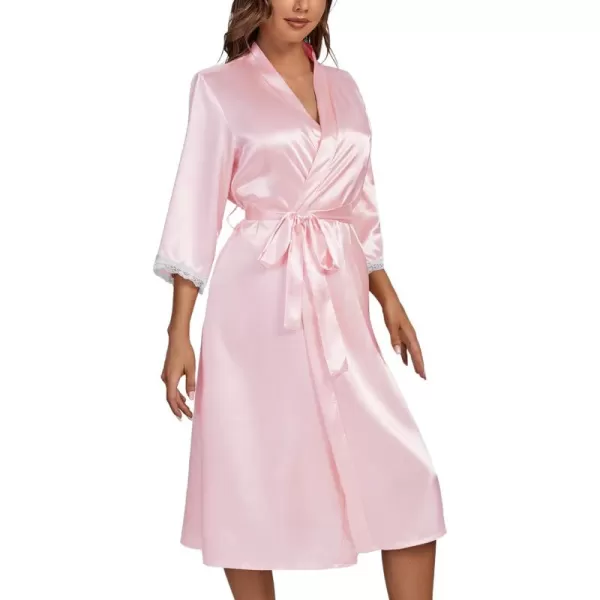 LYANER Women's Silk Satin Pajama Set 2Pcs Lace Trim Pj Robe with Chemise Nightgown Sleepwear