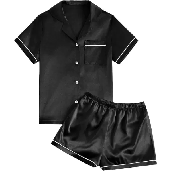 LYANER Women’s Silk Satin Pajamas Set Short Sleeve Button Top with Shorts Sleepwear PJ Set