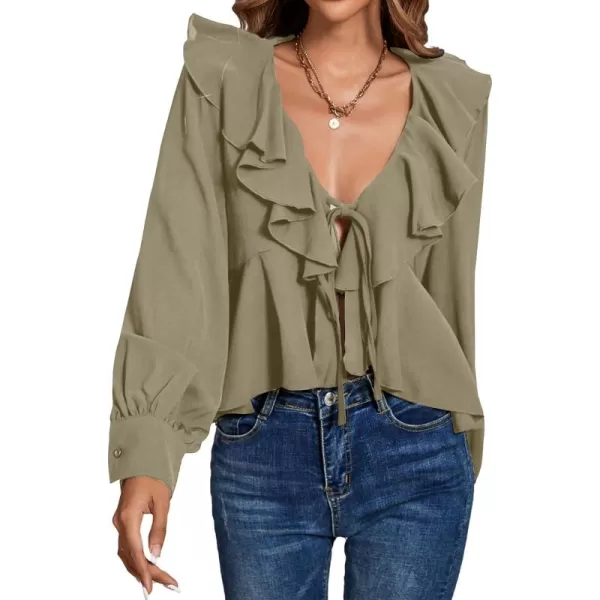 LYANER Women's Solid Deep V Neck Long Sleeve Crop Top Tie Front Chiffon Ruffle Hem Blouse Shirt