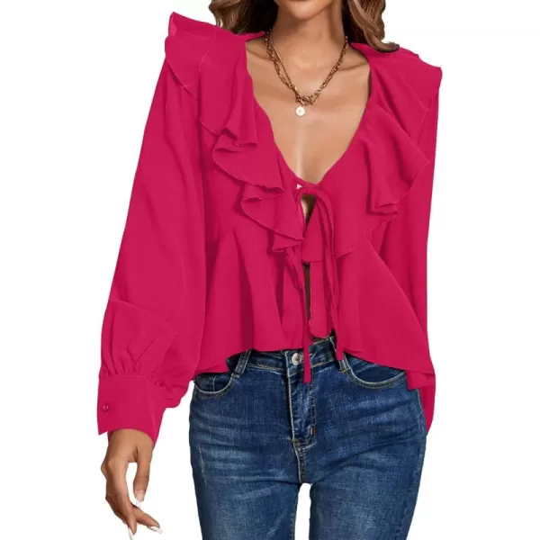 LYANER Women's Solid Deep V Neck Long Sleeve Crop Top Tie Front Chiffon Ruffle Hem Blouse Shirt