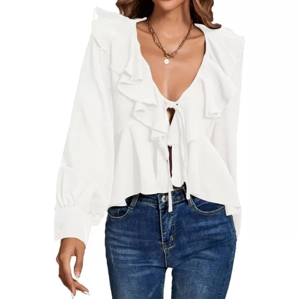 LYANER Women's Solid Deep V Neck Long Sleeve Crop Top Tie Front Chiffon Ruffle Hem Blouse Shirt
