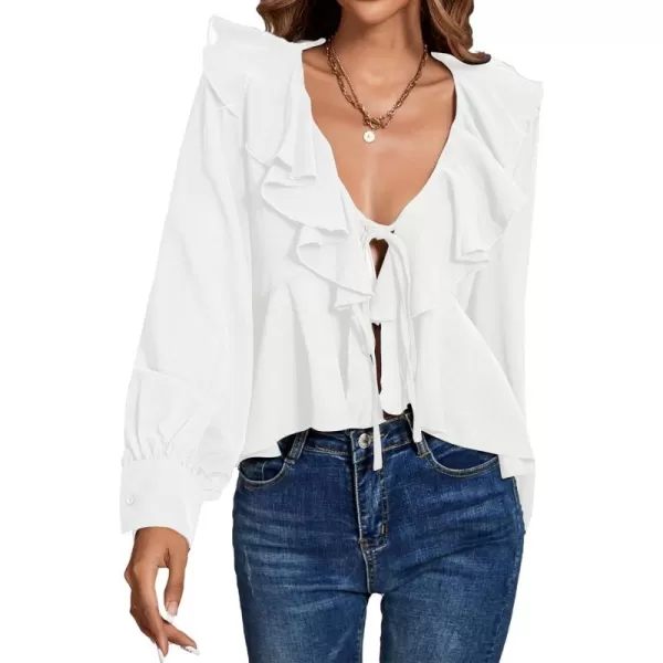 LYANER Women's Solid Deep V Neck Long Sleeve Crop Top Tie Front Chiffon Ruffle Hem Blouse Shirt