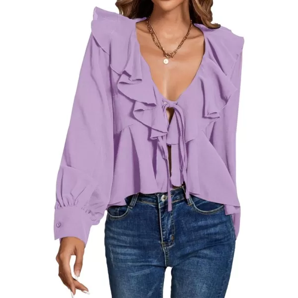 LYANER Women's Solid Deep V Neck Long Sleeve Crop Top Tie Front Chiffon Ruffle Hem Blouse Shirt