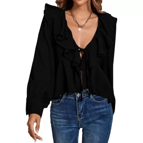 LYANER Women's Solid Deep V Neck Long Sleeve Crop Top Tie Front Chiffon Ruffle Hem Blouse Shirt