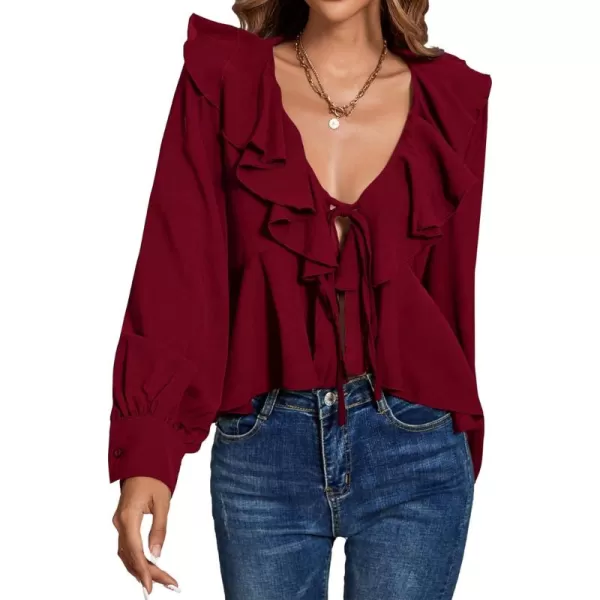 LYANER Women's Solid Deep V Neck Long Sleeve Crop Top Tie Front Chiffon Ruffle Hem Blouse Shirt