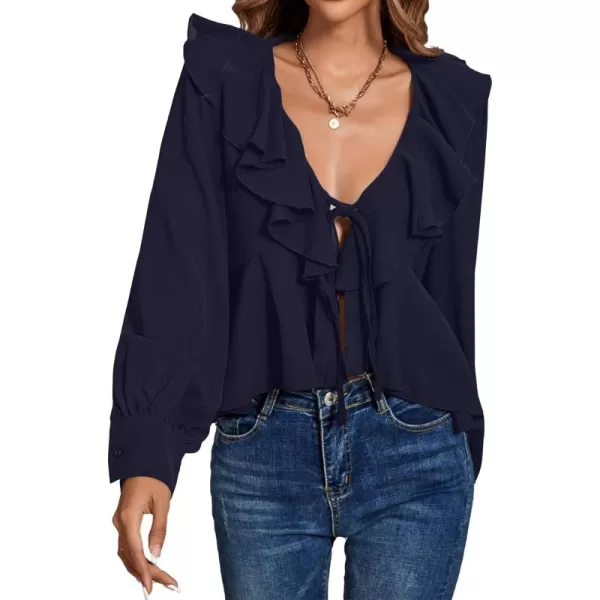 LYANER Women's Solid Deep V Neck Long Sleeve Crop Top Tie Front Chiffon Ruffle Hem Blouse Shirt