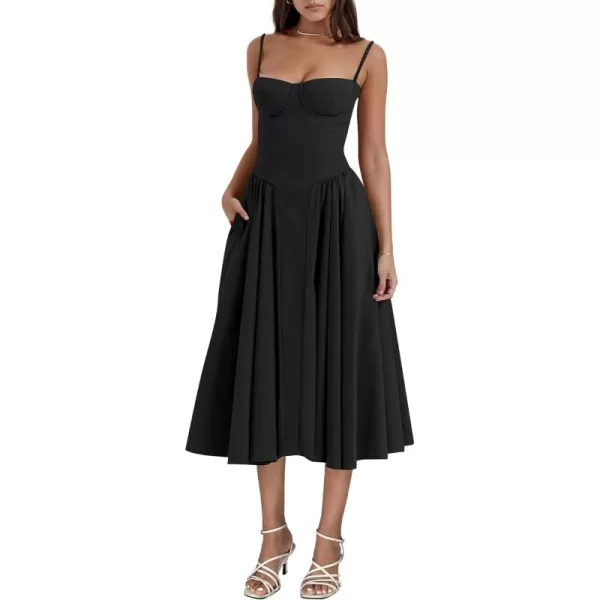 LYANER Women's Spaghetti Strap Pleated Sleeveless Corset Midi Dress with Pocket