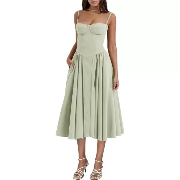 LYANER Women's Spaghetti Strap Pleated Sleeveless Corset Midi Dress with Pocket