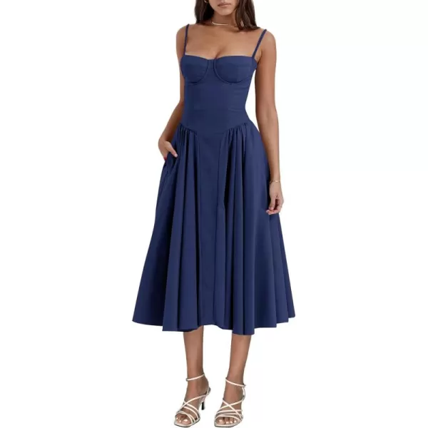 LYANER Women's Spaghetti Strap Pleated Sleeveless Corset Midi Dress with Pocket