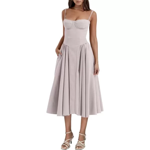 LYANER Women's Spaghetti Strap Pleated Sleeveless Corset Midi Dress with Pocket
