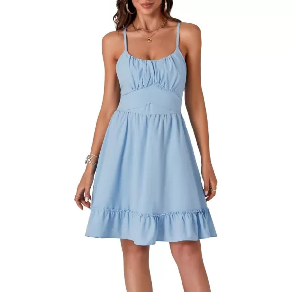 LYANER Women's Spaghetti Strap Scoop Neck Sleeveless Ruched Flared A Line Mini Dress