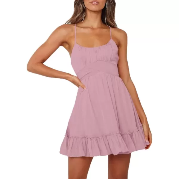 LYANER Women's Spaghetti Strap Scoop Neck Sleeveless Ruched Flared A Line Mini Dress