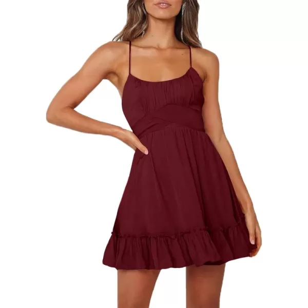 LYANER Women's Spaghetti Strap Scoop Neck Sleeveless Ruched Flared A Line Mini Dress