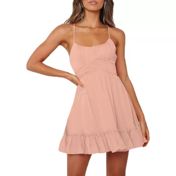 LYANER Women's Spaghetti Strap Scoop Neck Sleeveless Ruched Flared A Line Mini Dress