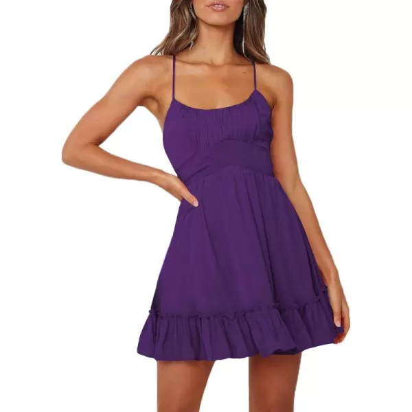 LYANER Women's Spaghetti Strap Scoop Neck Sleeveless Ruched Flared A Line Mini Dress